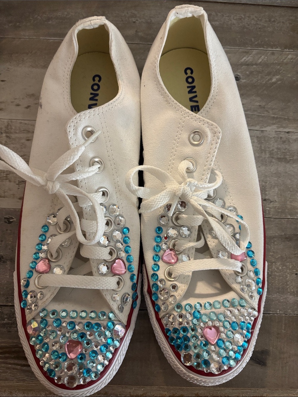 Converse White Low-Top Sneakers with Pink Heart & Blue Crystal Accents